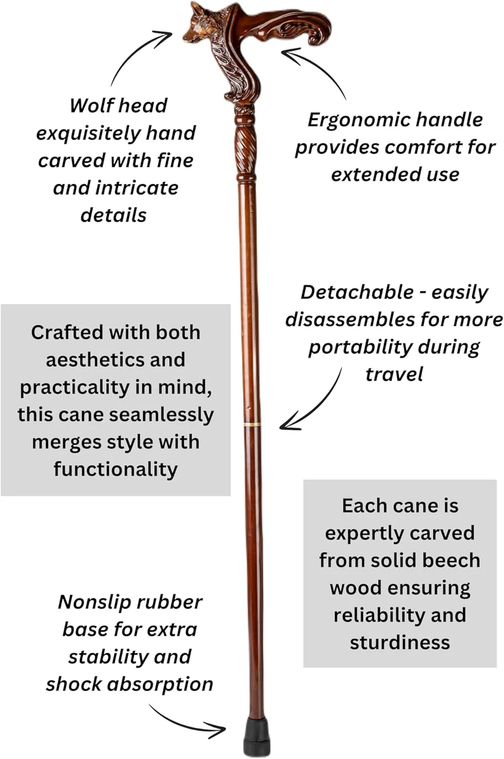 عصای پیاده روی چوبی دست ساز با دسته ارگونومیک و نوک لاستیکی برای آقایان و بانوان - عصای پیاده روی شیک و منحصر به فرد برای سالمندان - 94 سانتی متر