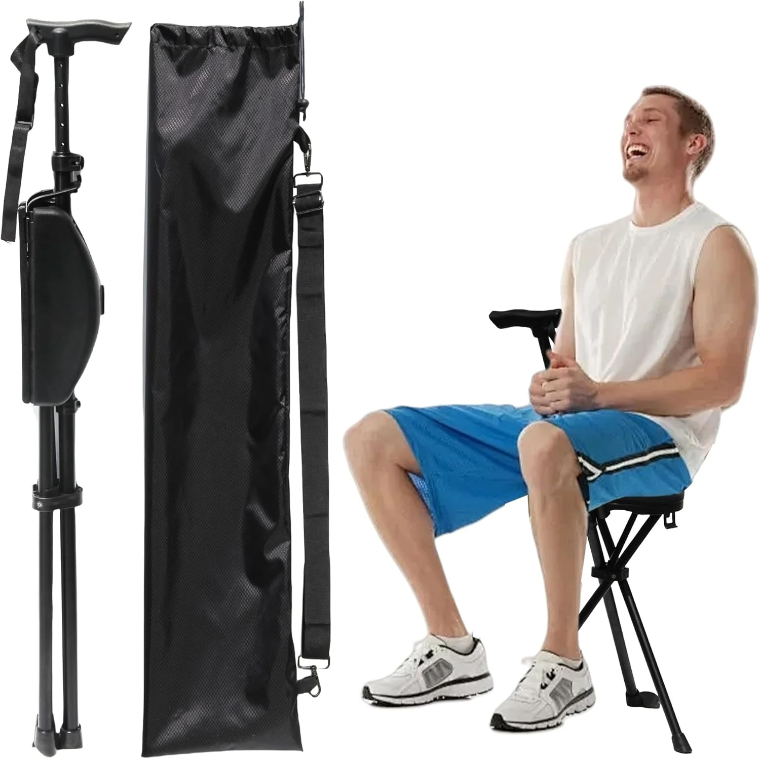 TAIWANBED Folding Walking Cane with Seat, Portable Walking Stick, Lightweight Aluminum Telescoping Cane Chair, Supports Up to 550 Lbs, for Camping, Hiking, Climbing, Anti-Slip with Carry Bag