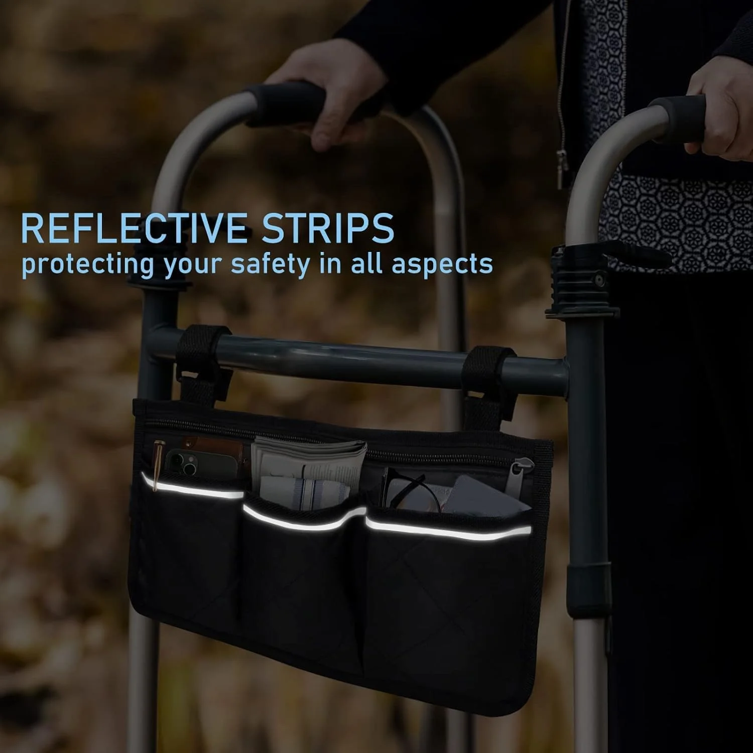 Tazweeq Black Small Walker Bag for Folding Walker, Walker Storage Bag with Reflective Strips for Seniors, Universal Walker Bag Wheel Chair Accessories Bag, Two Adjustable Velcro Straps