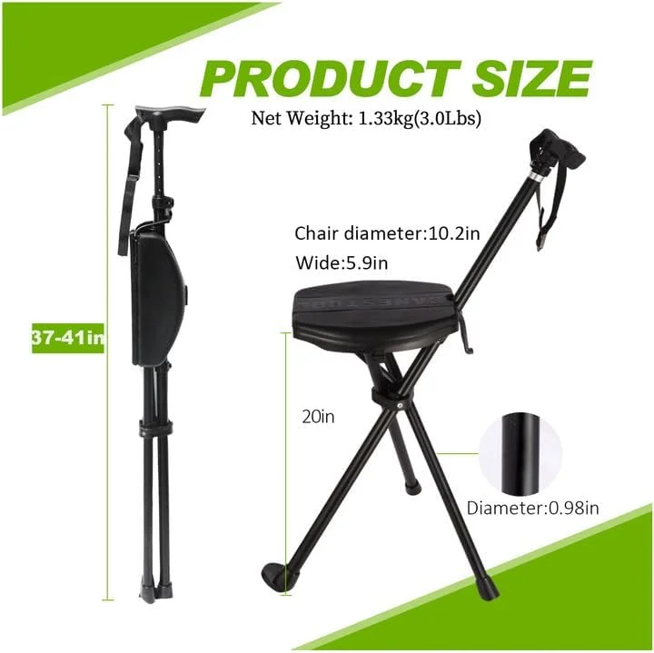 TAIWANBED Folding Walking Cane with Seat, Portable Walking Stick, Lightweight Aluminum Telescoping Cane Chair, Supports Up to 550 Lbs, for Camping, Hiking, Climbing, Anti-Slip with Carry Bag