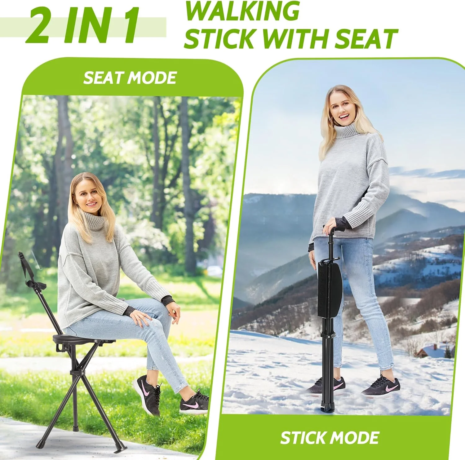 TAIWANBED Folding Walking Cane with Seat, Portable Walking Stick, Lightweight Aluminum Telescoping Cane Chair, Supports Up to 550 Lbs, for Camping, Hiking, Climbing, Anti-Slip with Carry Bag