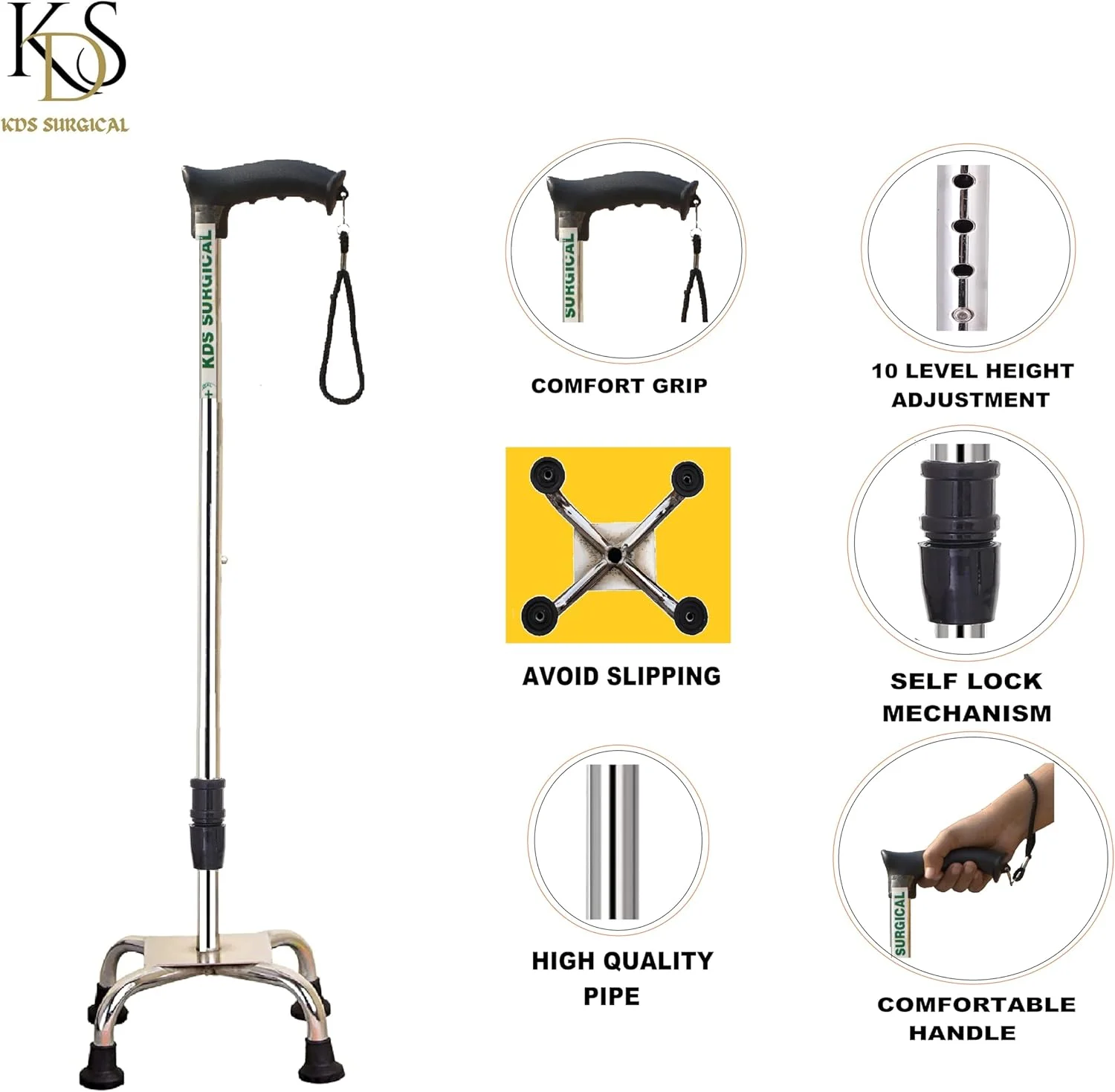 Kds Surgical 4 Leg Croome Men/Women/Old People Patient Walking Stick (with Support)