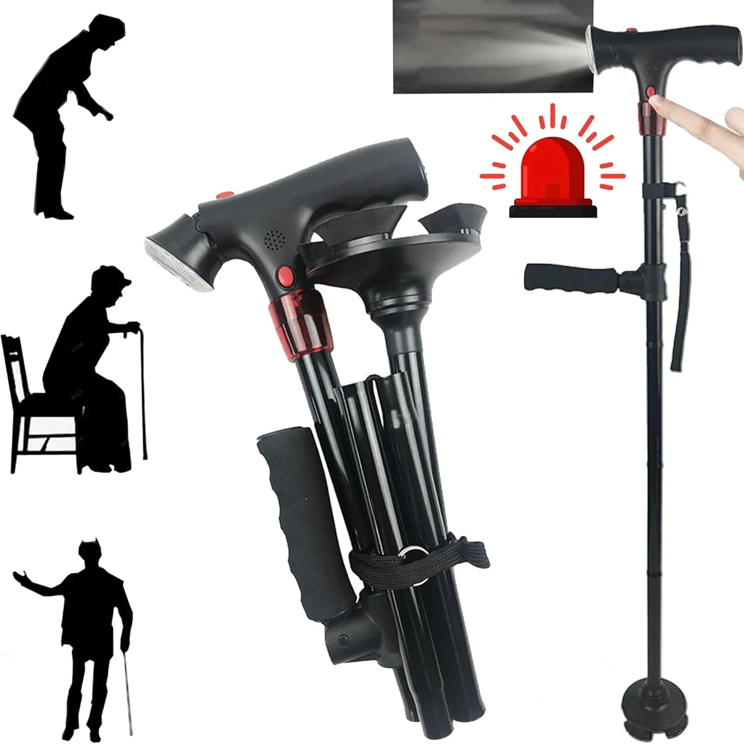 عصای تاشو SUQ با چراغ LED برای مردان و زنان، ارتفاع قابل تنظیم، عصای پیاده روی تاشو برای سالمندان با دسته جانبی، عصاهای قابل تنظیم برای افراد دارای آرتروز، معلول و سالمند