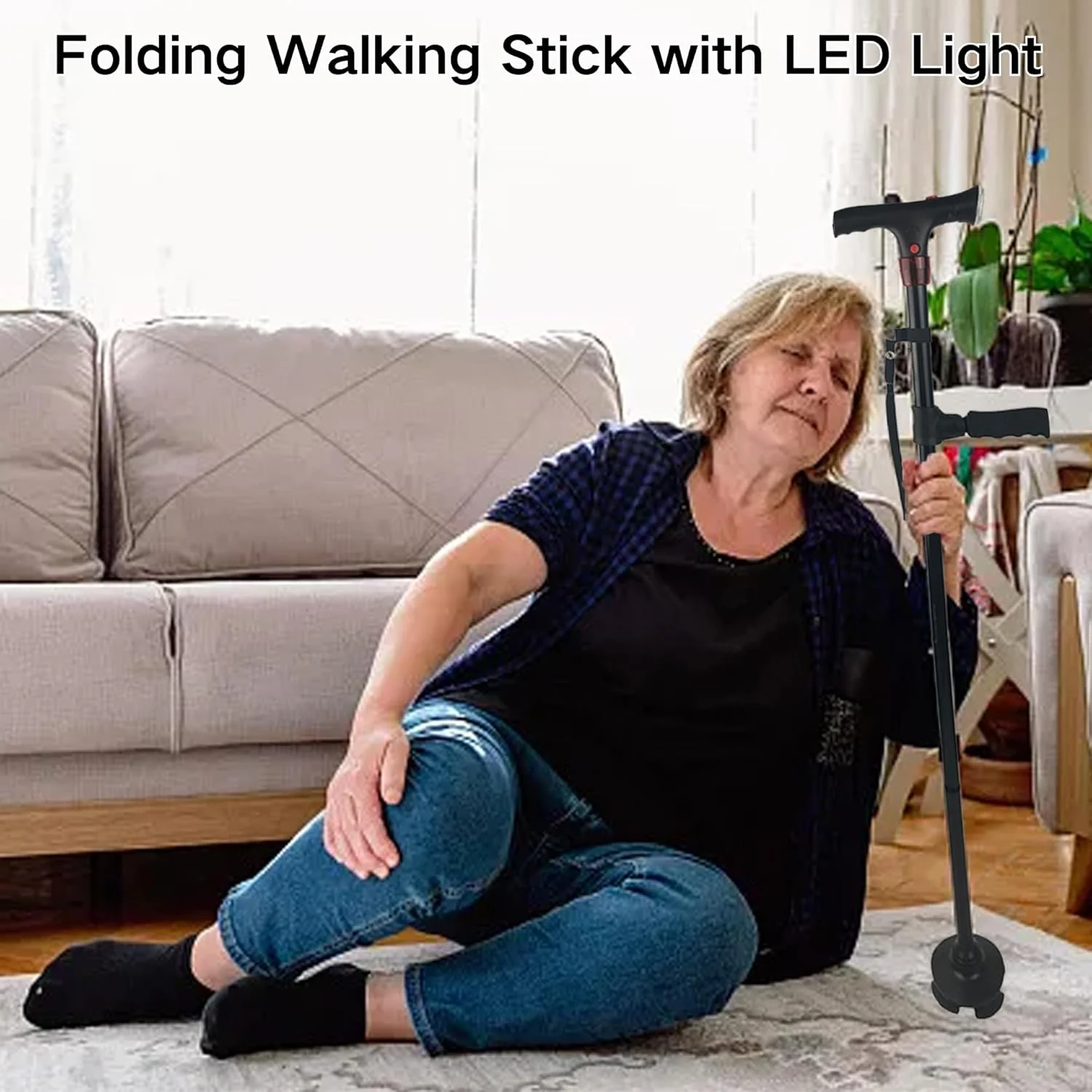 عصای تاشو SUQ با چراغ LED برای مردان و زنان، ارتفاع قابل تنظیم، عصای پیاده روی تاشو برای سالمندان با دسته جانبی، عصاهای قابل تنظیم برای افراد دارای آرتروز، معلول و سالمند