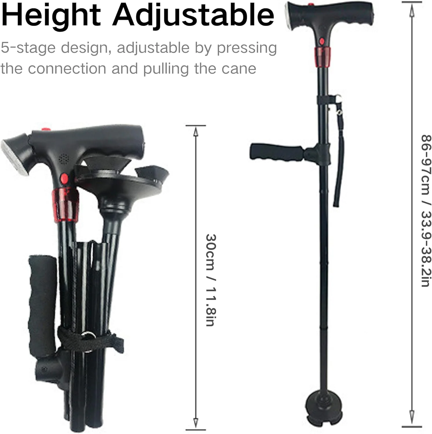 عصای تاشو SUQ با چراغ LED برای مردان و زنان، ارتفاع قابل تنظیم، عصای پیاده روی تاشو برای سالمندان با دسته جانبی، عصاهای قابل تنظیم برای افراد دارای آرتروز، معلول و سالمند