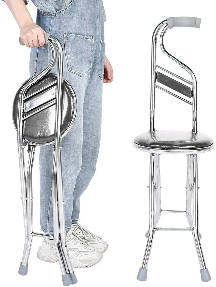 عصای پیاده روی تاشو، عصای دستی، چهارپایه، فولاد ضد زنگ سالمندان، عصای پیاده روی ضخیم چهار پایه برای استراحت در سفر در فضای باز سالمندان، صندلی تاشو جایگزین با ظرفیت وزن زیاد (مشکی)