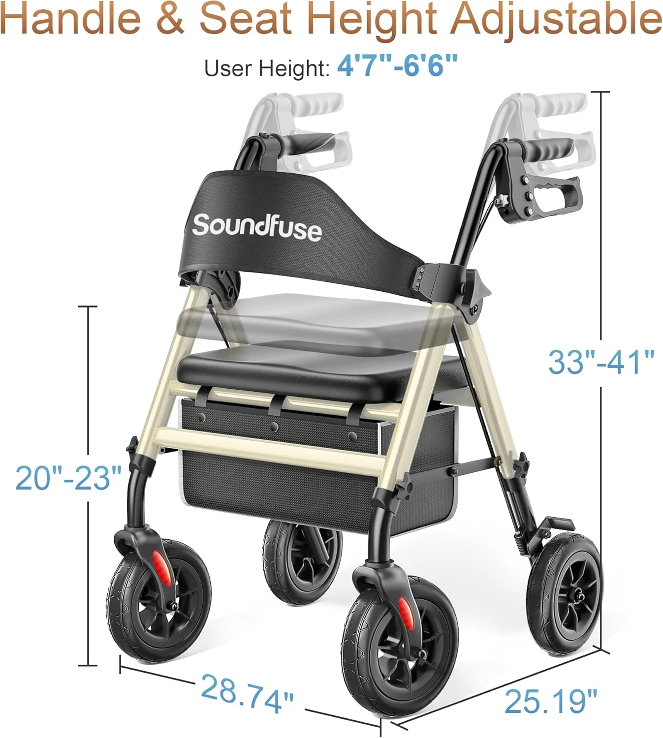 واکر رولیتور Soundfuse برای سالمندان با صندلی، واکر چرخدار تاشو سبک وزن با چرخ های بزرگ 8 اینچی PU، صندلی ارگونومیک، تنظیم ارتفاع دوگانه واکر رولیتور Soundfuse برای سالمندان با صندلی، واکر چرخدار تاشو سبک وزن با چرخ های بزرگ 8 اینچی PU، صندلی ارگونومیک، تنظیم ارتفاع دوگانه