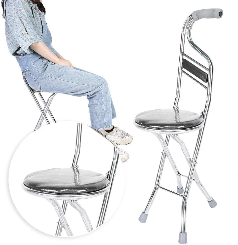 عصای پیاده روی تاشو، عصای دستی، چهارپایه، فولاد ضد زنگ سالمندان، عصای پیاده روی ضخیم چهار پایه برای استراحت در سفر در فضای باز سالمندان، صندلی تاشو جایگزین با ظرفیت وزن زیاد (مشکی)