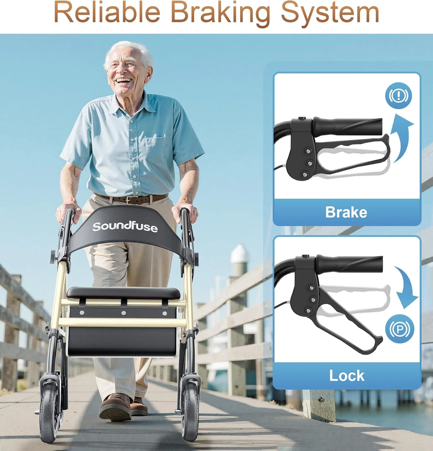 واکر رولیتور Soundfuse برای سالمندان با صندلی، واکر چرخدار تاشو سبک وزن با چرخ های بزرگ 8 اینچی PU، صندلی ارگونومیک، تنظیم ارتفاع دوگانه واکر رولیتور Soundfuse برای سالمندان با صندلی، واکر چرخدار تاشو سبک وزن با چرخ های بزرگ 8 اینچی PU، صندلی ارگونومیک، تنظیم ارتفاع دوگانه