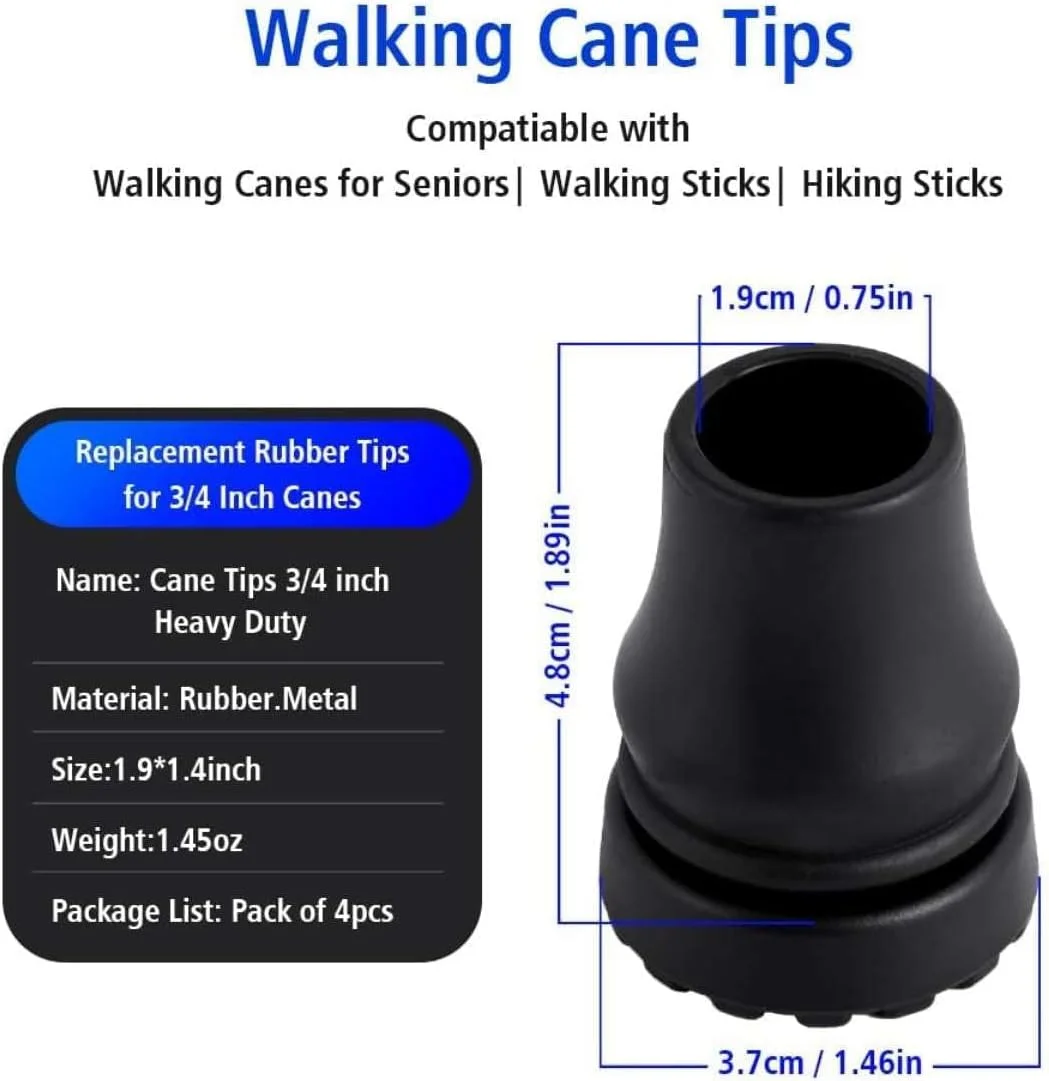 Heavy Duty Rubber Walking Cane Tips, 3/4 Inch, 4-Pack, Anti-Slip Replacement Tips for Walking Sticks and Hiking Poles, Black Heavy Duty Rubber Walking Cane Tips, 3/4 Inch, 4-Pack, Anti-Slip Replacement Tips for Walking Sticks and Hiking Poles, Black