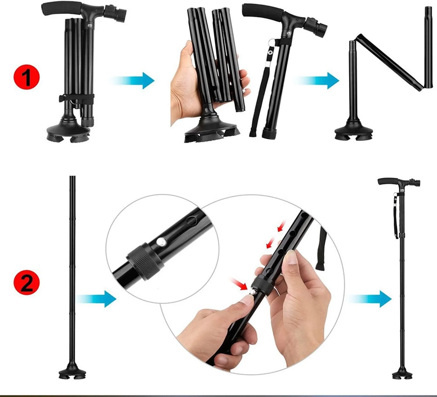 عصای پیاده روی LED مدل MaDiYa با دسته T، عصای کوهنوردی تاشو با پایه ثابت برای ثبات سالمندان