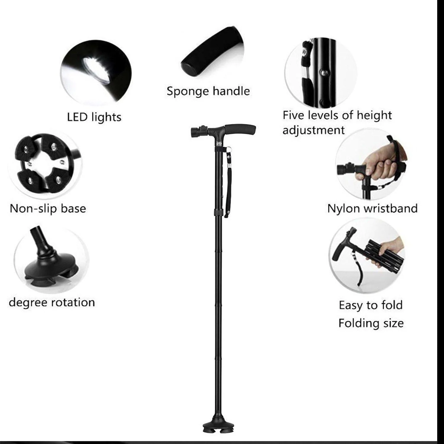 عصای پیاده روی LED مدل MaDiYa با دسته T، عصای کوهنوردی تاشو با پایه ثابت برای ثبات سالمندان