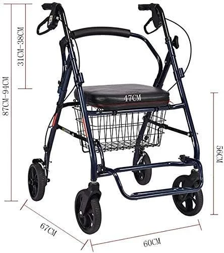واکر چرخ دار با 4 چرخ، رولیتور واکر با صندلی، پشتی و سبد خرید - رولیتور واکر برای سالمندان - فریم فولادی بادوام