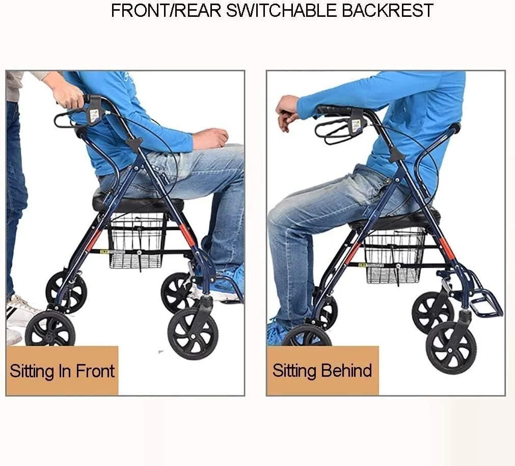 واکر چرخ دار با 4 چرخ، رولیتور واکر با صندلی، پشتی و سبد خرید - رولیتور واکر برای سالمندان - فریم فولادی بادوام