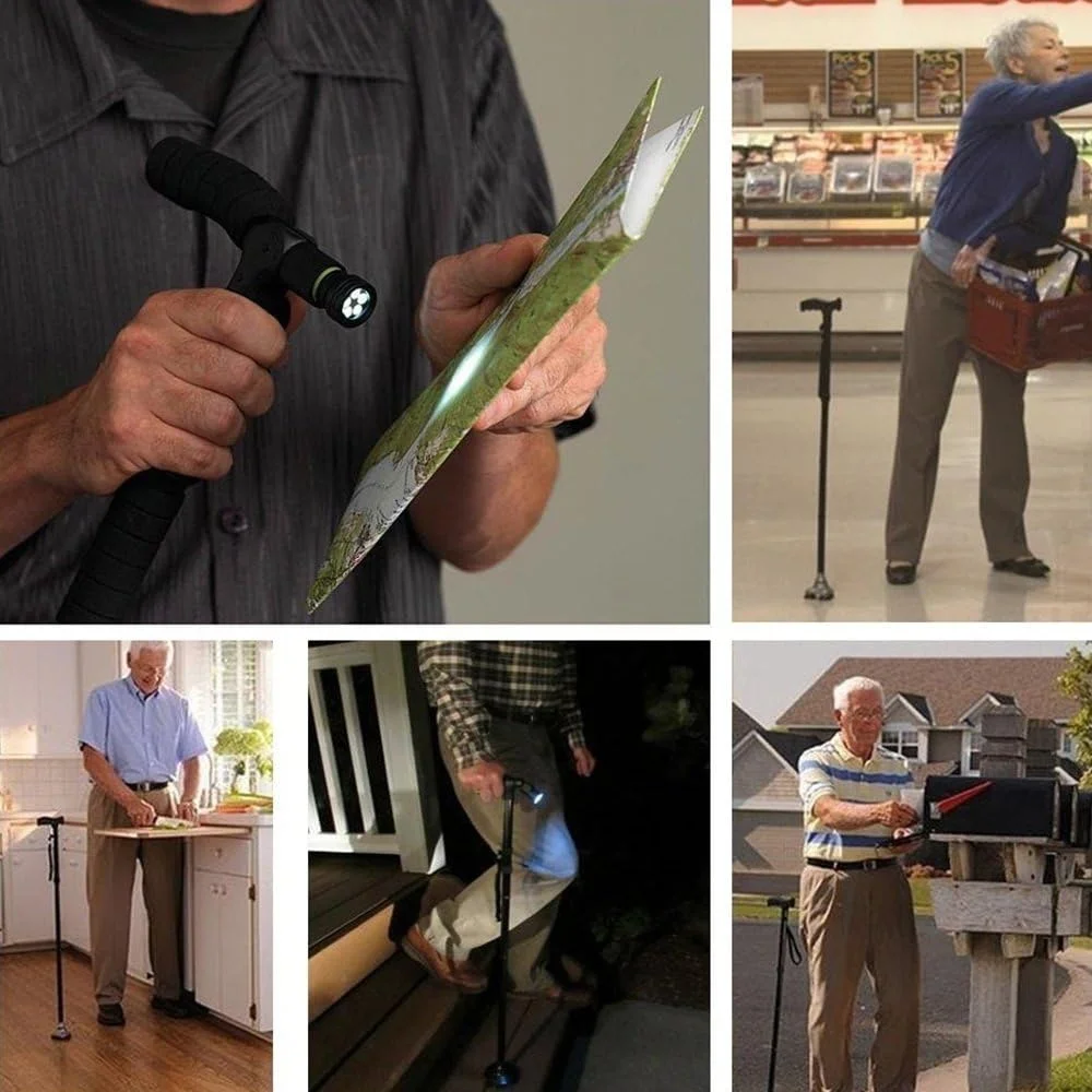 عصای پیاده روی LED مدل MaDiYa با دسته T، عصای کوهنوردی تاشو با پایه ثابت برای ثبات سالمندان