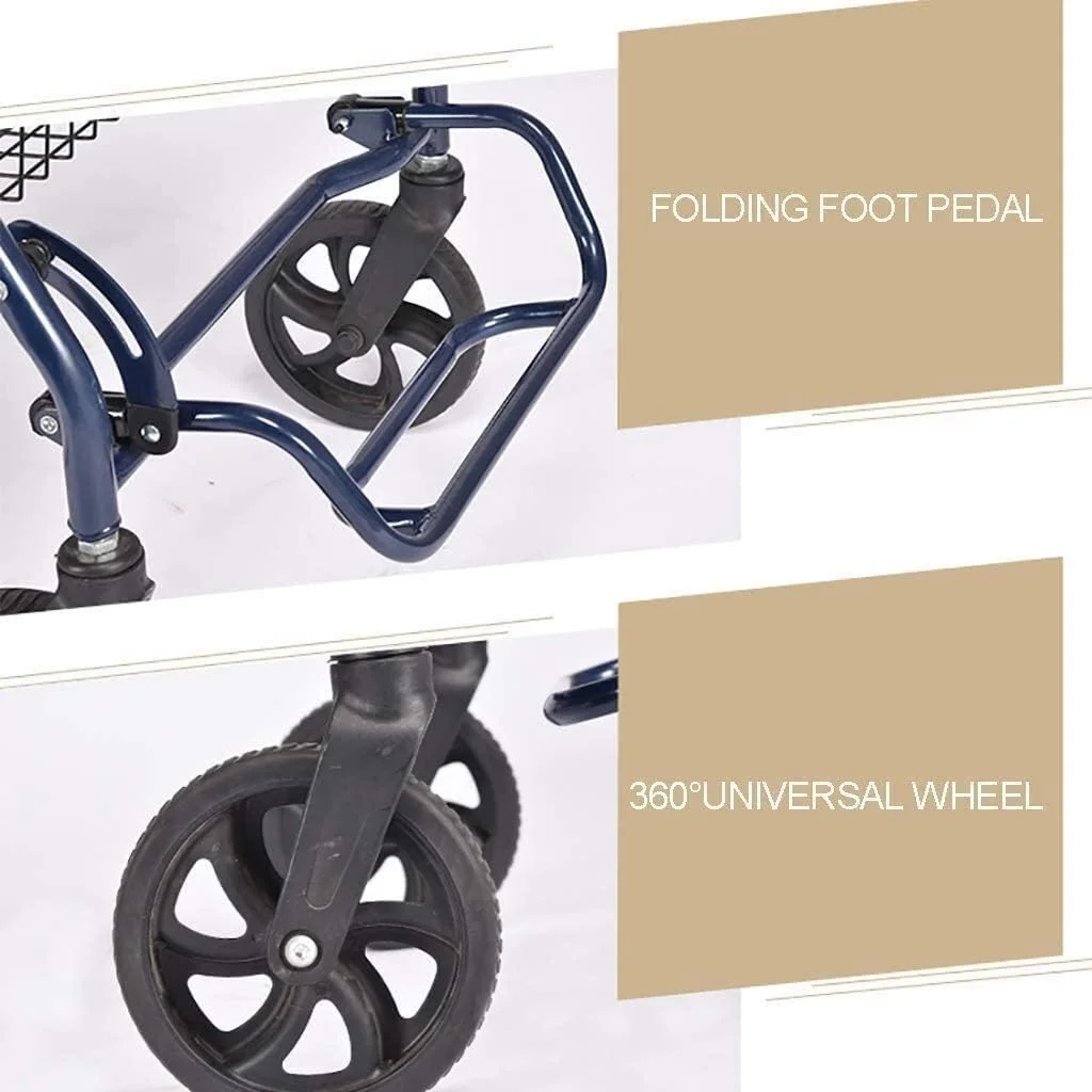 واکر چرخ دار با 4 چرخ، رولیتور واکر با صندلی، پشتی و سبد خرید - رولیتور واکر برای سالمندان - فریم فولادی بادوام