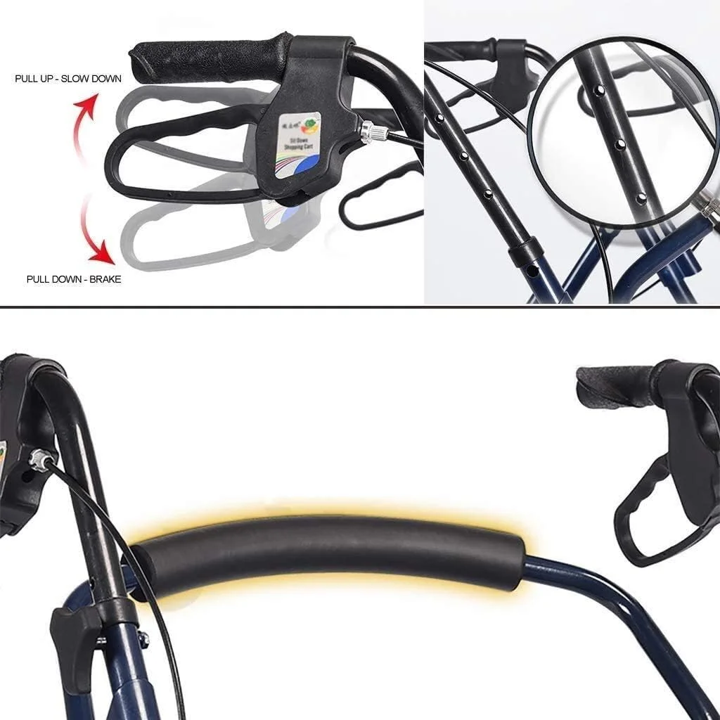 واکر چرخ دار با 4 چرخ، رولیتور واکر با صندلی، پشتی و سبد خرید - رولیتور واکر برای سالمندان - فریم فولادی بادوام