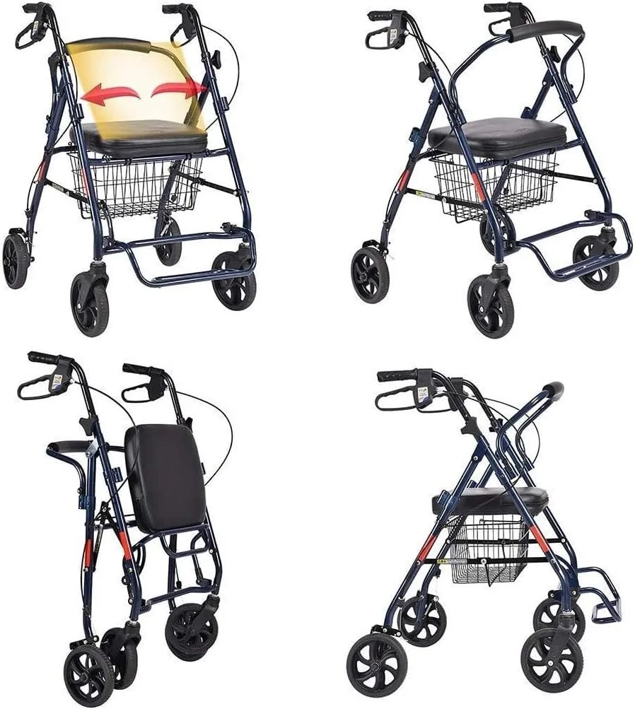 واکر چرخ دار با 4 چرخ، رولیتور واکر با صندلی، پشتی و سبد خرید - رولیتور واکر برای سالمندان - فریم فولادی بادوام
