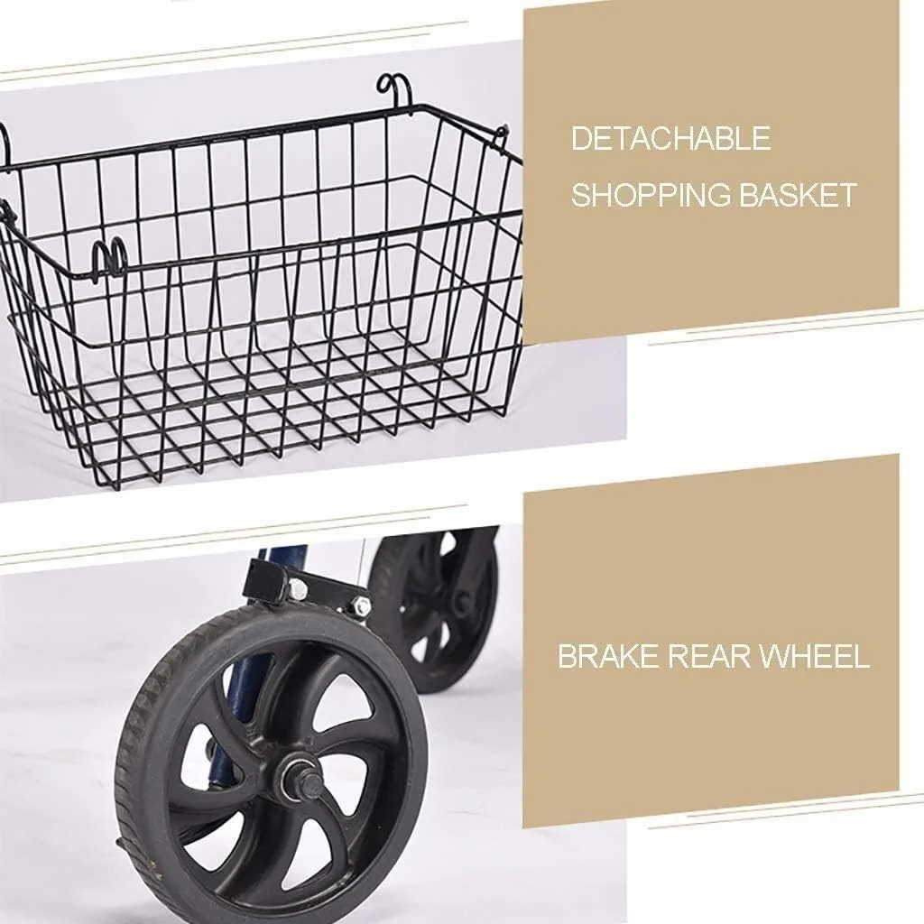 واکر چرخ دار با 4 چرخ، رولیتور واکر با صندلی، پشتی و سبد خرید - رولیتور واکر برای سالمندان - فریم فولادی بادوام