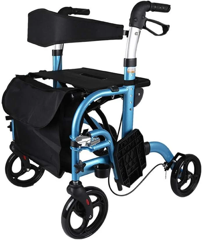 واکر، رولیتور واکر با صندلی، واکر چرخدار فولادی با چرخ‌های 6 اینچی، تحمل وزن تا 350 پوند، واکر پزشکی، رولیتور واکر با صندلی، پشتی و کیف زین، آبی سورپرایز کوچک