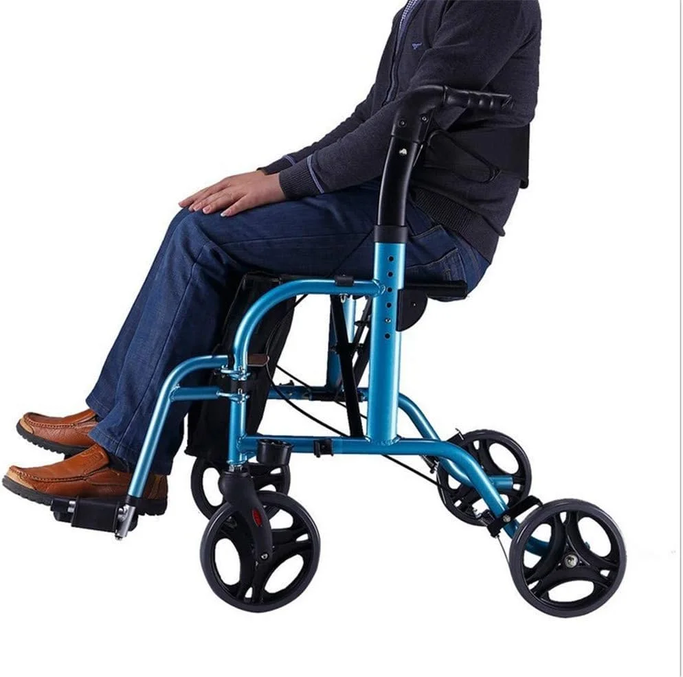 واکر، رولیتور واکر با صندلی، واکر چرخدار فولادی با چرخ‌های 6 اینچی، تحمل وزن تا 350 پوند، واکر پزشکی، رولیتور واکر با صندلی، پشتی و کیف زین، آبی سورپرایز کوچک