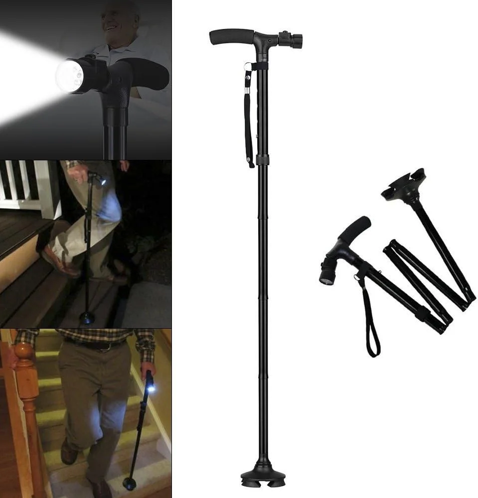 عصای پیاده روی LED مدل MaDiYa با دسته T، عصای کوهنوردی تاشو با پایه ثابت برای ثبات سالمندان