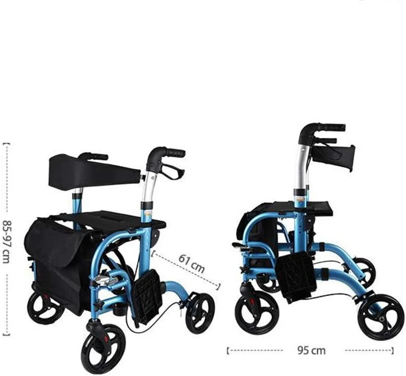 واکر، رولیتور واکر با صندلی، واکر چرخدار فولادی با چرخ‌های 6 اینچی، تحمل وزن تا 350 پوند، واکر پزشکی، رولیتور واکر با صندلی، پشتی و کیف زین، آبی سورپرایز کوچک