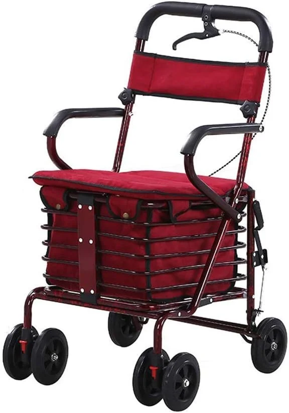 واکر رولیتور تاشو لوله فولادی سبک وزن با چهار چرخ، دارای سبد حمل و صندلی پد دار و کمک حرکتی قفل شونده