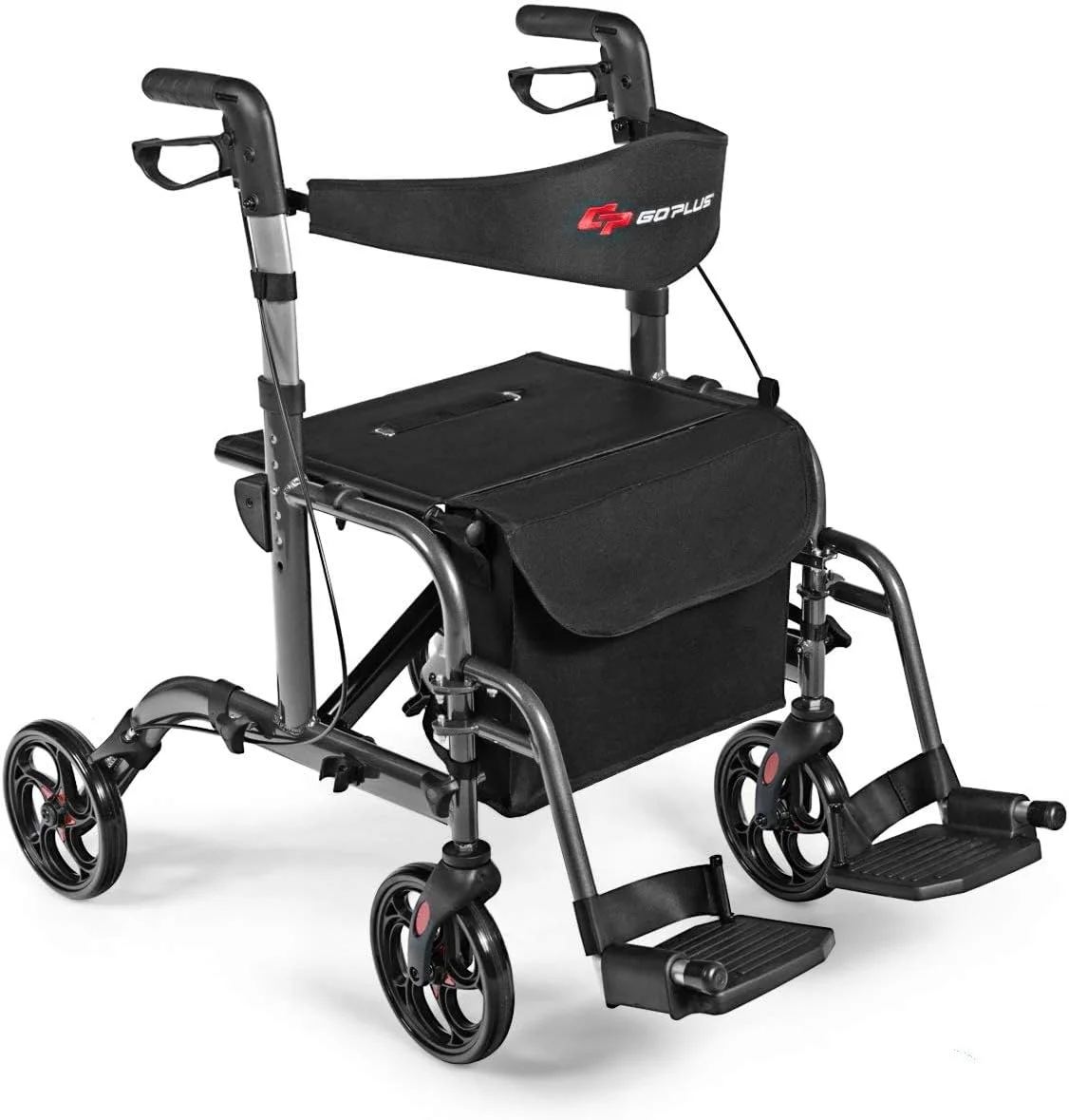 واکر رولیتور 2 در 1 GOPLUS برای سالمندان، واکر رولیتور تاشو با صندلی، ترکیب ویلچر و واکر پزشکی با چرخ 8 اینچی با پشتی، دسته قابل تنظیم برای بزرگسالان، فریم آلومینیومی
