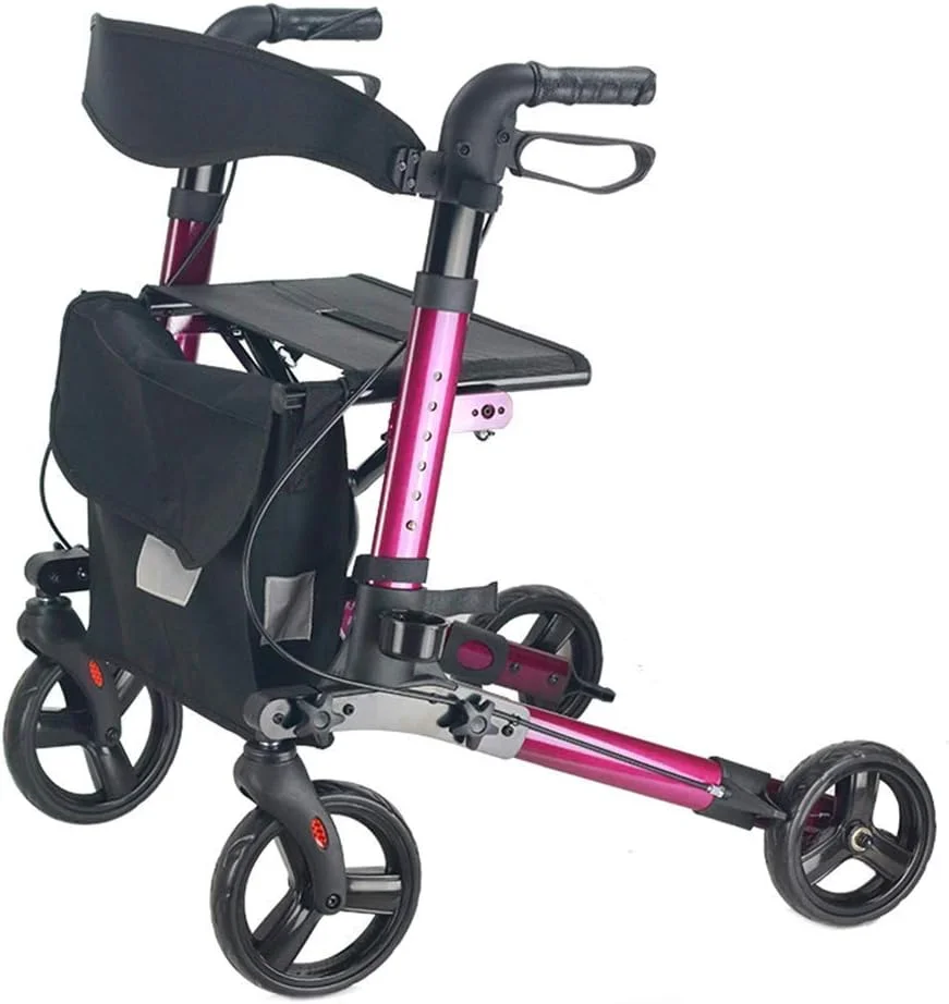 Rolling Walker Foldable, Junior Rollator Walker With Seat, 4 Wheels Mobility Walking Aids Double Brake System, Walking Frame Used For Seniors Walking