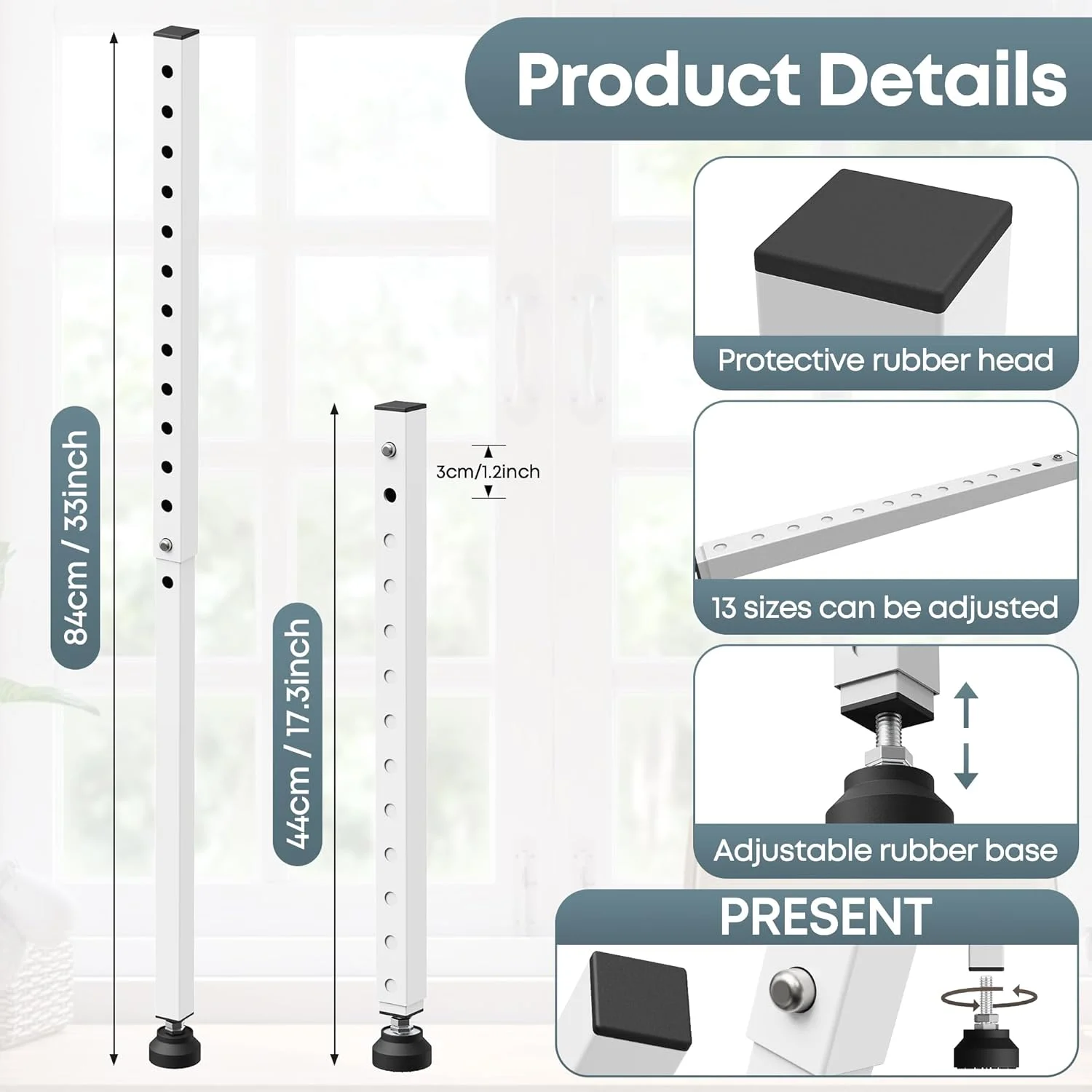 میله امنیتی قابل تنظیم پنجره گجتزون، قفل میله امنیتی درب کشویی 43 تا 84 سانتی‌متری با پایه لاستیکی، استاپر پنجره برای درب شیشه‌ای کشویی پاسیو/پنجره کشویی/ایمنی کودک/ضد سرقت - 4 عدد (سفید)