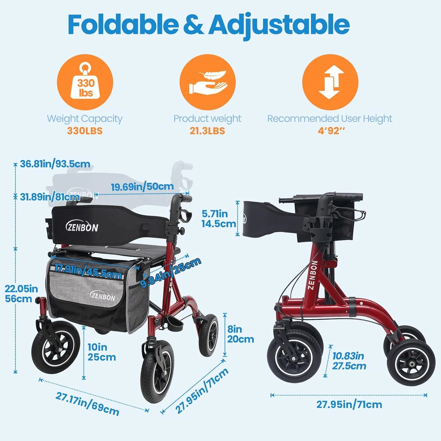 واکر رولیتور برای سالمندان/بزرگسالان، واکر چرخ دار تاشو با صندلی، ظرفیت 150 کیلوگرم، چرخ های 25 سانتی متری، دستگیره ها با قابلیت تنظیم ارتفاع، واکر آلومینیومی سبک و بادوام، پشتی قابل جابجایی 7210 (قرمز) واکر رولیتور برای سالمندان/بزرگسالان، واکر چرخ دار تاشو با صندلی، ظرفیت 150 کیلوگرم، چرخ های 25 سانتی متری، دستگیره ها با قابلیت تنظیم ارتفاع، واکر آلومینیومی سبک و بادوام، پشتی قابل جابجایی 7210 (قرمز)