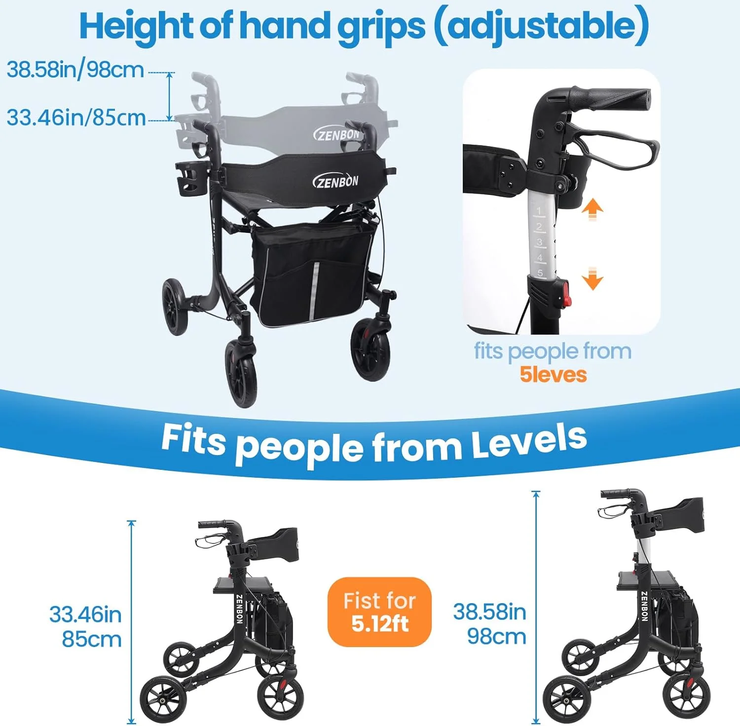 واکر رولیتور برای سالمندان/بزرگسالان، واکر چرخ دار تاشو با صندلی، ظرفیت 150 کیلوگرم، 4 چرخ بزرگ 8 اینچی، دستگیره های دستی با قابلیت تنظیم ارتفاع، واکر آلومینیومی سبک وزن، پشتی قابل جابجایی 7209 (مشکی) واکر رولیتور برای سالمندان/بزرگسالان، واکر چرخ دار تاشو با صندلی، ظرفیت 150 کیلوگرم، 4 چرخ بزرگ 8 اینچی، دستگیره های دستی با قابلیت تنظیم ارتفاع، واکر آلومینیومی سبک وزن، پشتی قابل جابجایی 7209 (مشکی)