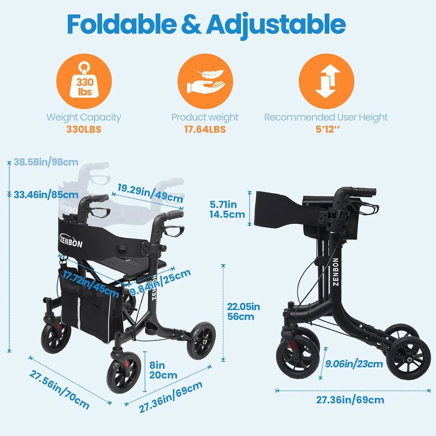 واکر رولیتور برای سالمندان/بزرگسالان، واکر چرخ دار تاشو با صندلی، ظرفیت 150 کیلوگرم، 4 چرخ بزرگ 8 اینچی، دستگیره های دستی با قابلیت تنظیم ارتفاع، واکر آلومینیومی سبک وزن، پشتی قابل جابجایی 7209 (مشکی) واکر رولیتور برای سالمندان/بزرگسالان، واکر چرخ دار تاشو با صندلی، ظرفیت 150 کیلوگرم، 4 چرخ بزرگ 8 اینچی، دستگیره های دستی با قابلیت تنظیم ارتفاع، واکر آلومینیومی سبک وزن، پشتی قابل جابجایی 7209 (مشکی)