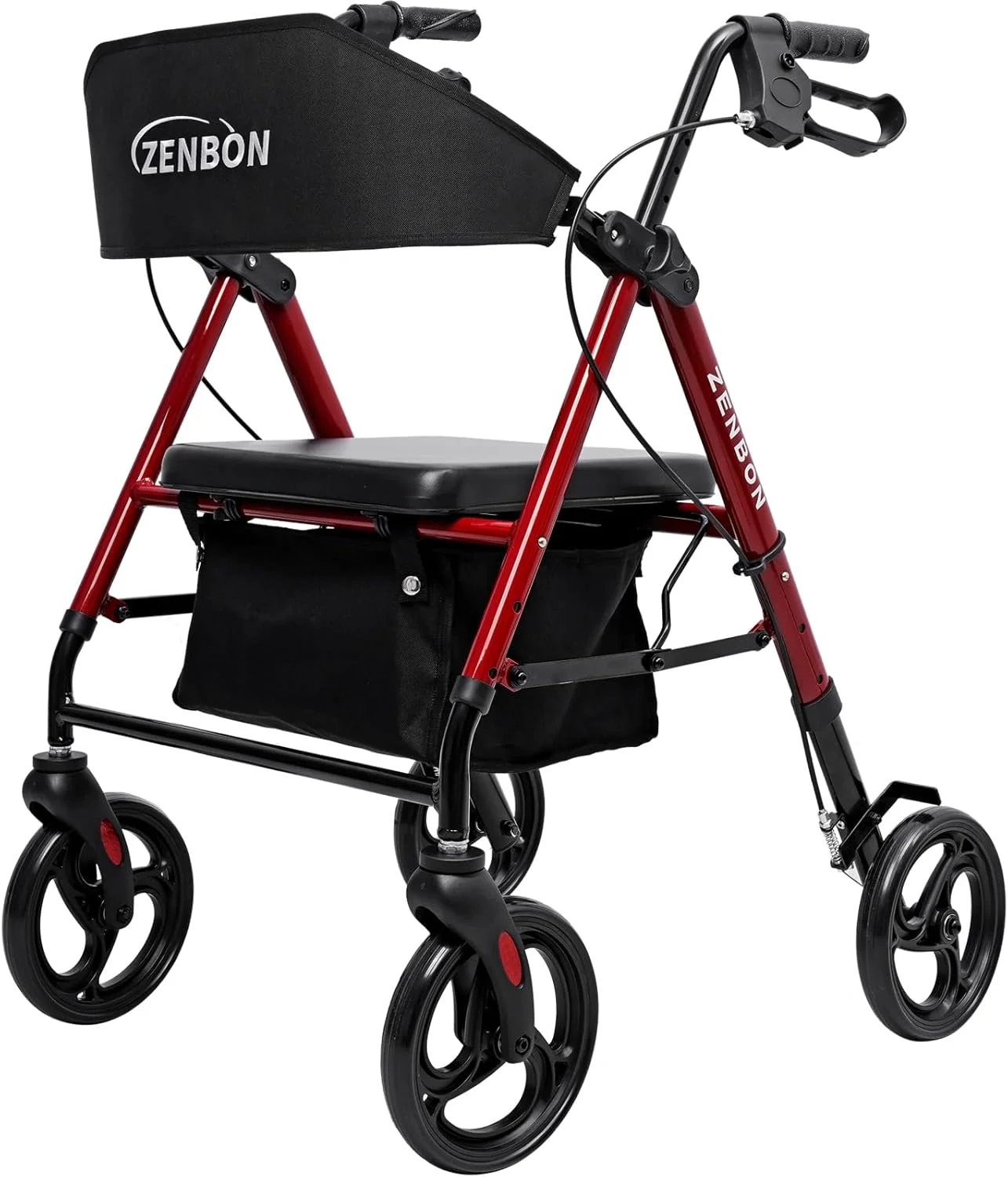 واکر رولیتور برای سالمندان/بزرگسالان، واکر چرخ دار تاشو با صندلی، ظرفیت 120 کیلوگرم، 4 چرخ بزرگ 8 اینچی، دستگیره های دستی با ارتفاع قابل تنظیم، واکر آلومینیومی سبک وزن 7208 (قرمز)