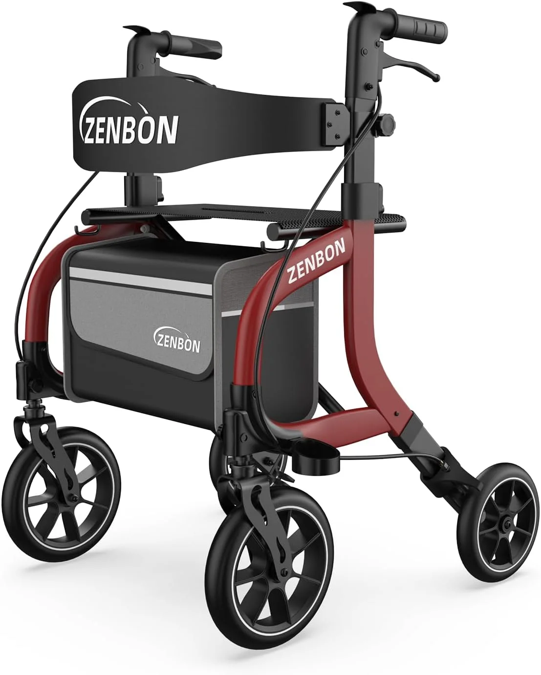 واکر رولیتور تاشو برای سالمندان/بزرگسالان با صندلی، ظرفیت 150 کیلوگرم، چرخ های 10 اینچی، دستگیره، ارتفاع قابل تنظیم، واکر آلومینیومی بادوام و سبک وزن، پشتی قابل جابجایی (قرمز)