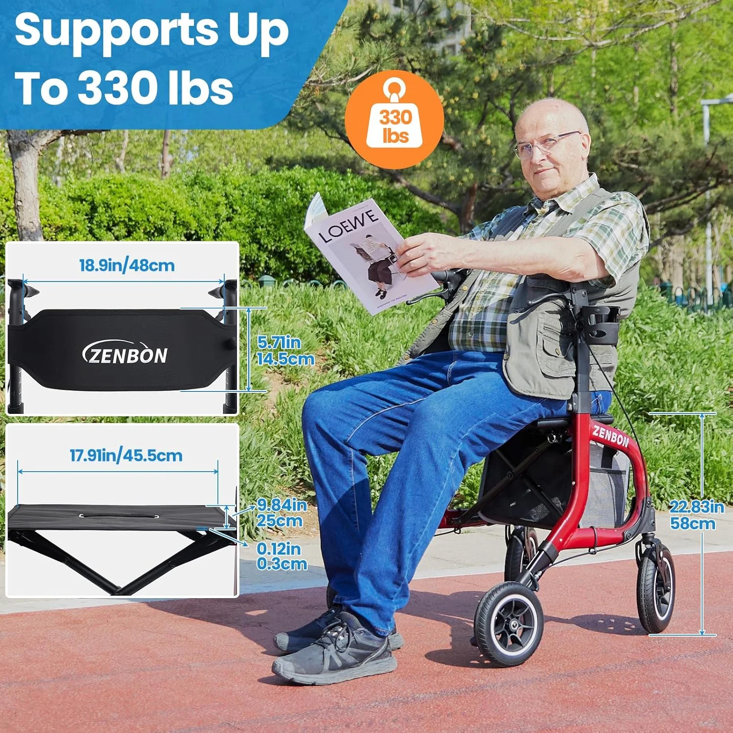 واکر رولیتور تاشو برای سالمندان/بزرگسالان با صندلی، ظرفیت 150 کیلوگرم، چرخ های 10 اینچی، دستگیره، ارتفاع قابل تنظیم، واکر آلومینیومی بادوام و سبک وزن، پشتی قابل جابجایی (قرمز)