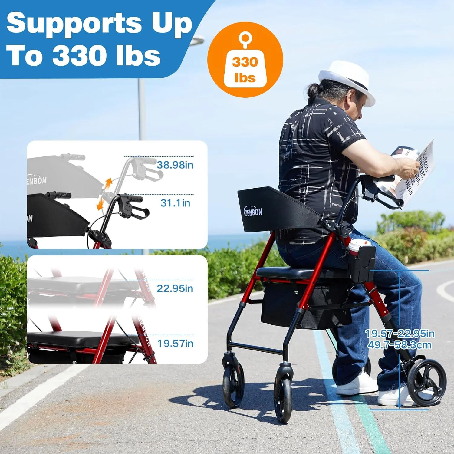 واکر رولیتور برای سالمندان/بزرگسالان، واکر چرخ دار تاشو با صندلی، ظرفیت 120 کیلوگرم، 4 چرخ بزرگ 8 اینچی، دستگیره های دستی با ارتفاع قابل تنظیم، واکر آلومینیومی سبک وزن 7208 (قرمز)