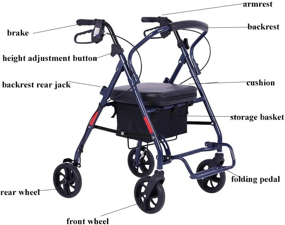 واکر چرخ دار چهار چرخ آلومینیومی تاشو با صندلی پد دار و پشتی، فوق العاده سبک