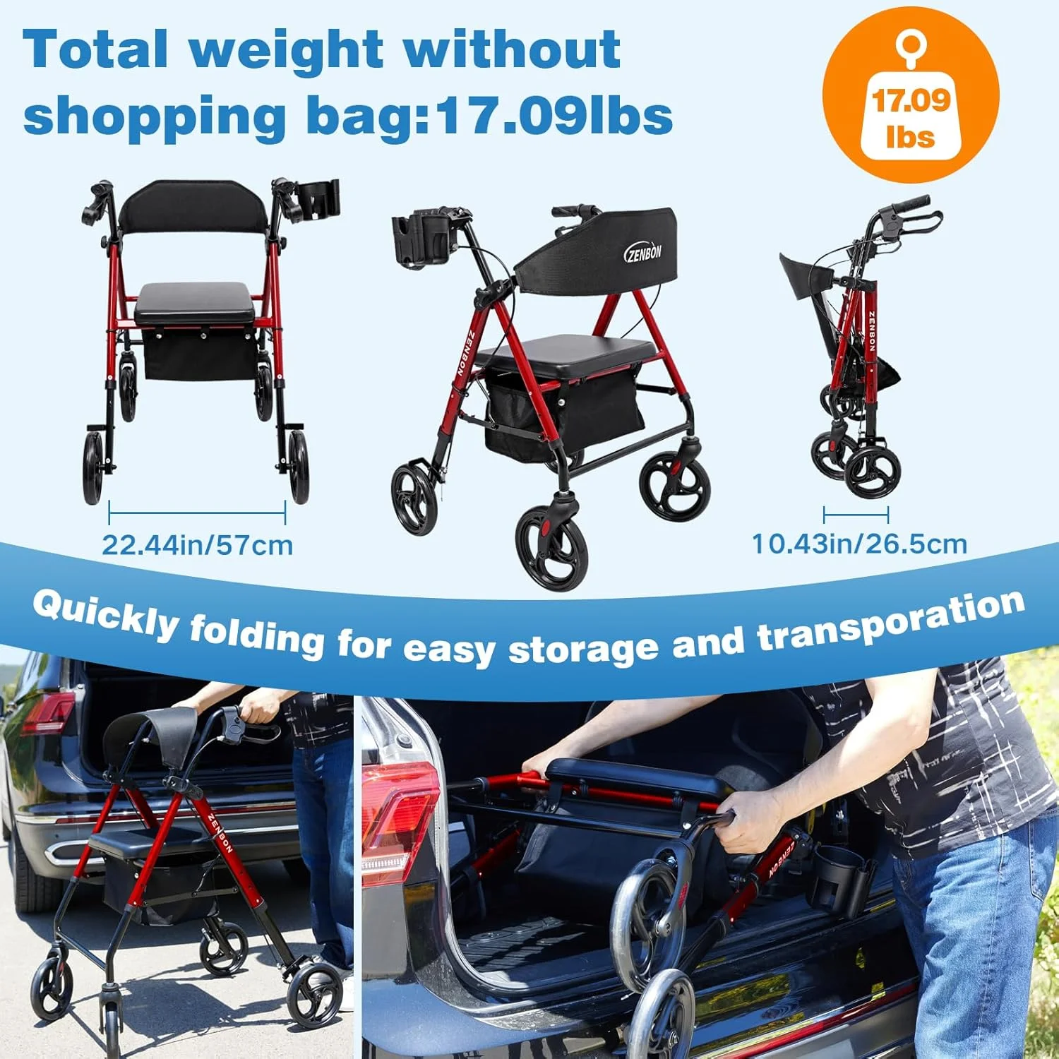 واکر رولیتور برای سالمندان/بزرگسالان، واکر چرخ دار تاشو با صندلی، ظرفیت 120 کیلوگرم، 4 چرخ بزرگ 8 اینچی، دستگیره های دستی با ارتفاع قابل تنظیم، واکر آلومینیومی سبک وزن 7208 (قرمز)