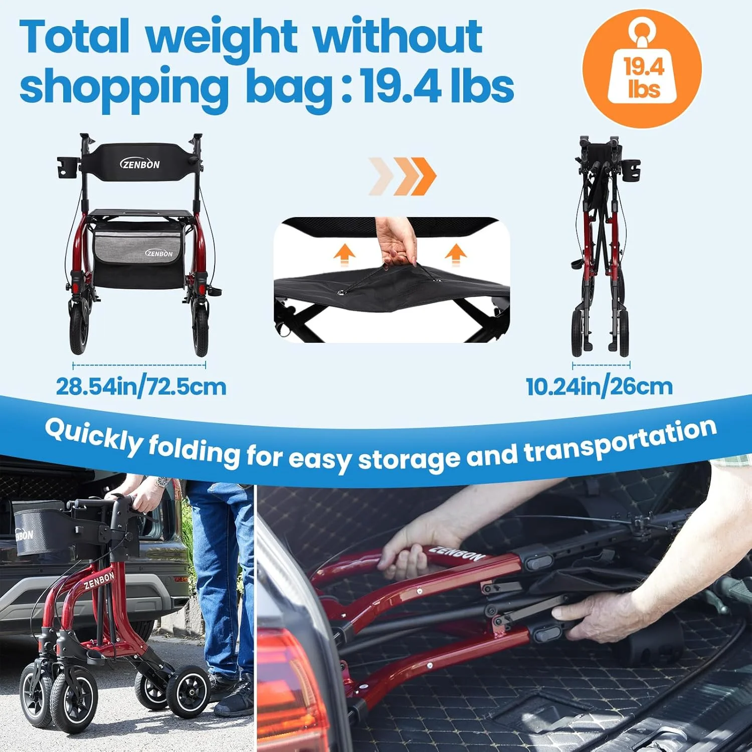 واکر رولیتور تاشو برای سالمندان/بزرگسالان با صندلی، ظرفیت 150 کیلوگرم، چرخ های 10 اینچی، دستگیره، ارتفاع قابل تنظیم، واکر آلومینیومی بادوام و سبک وزن، پشتی قابل جابجایی (قرمز)