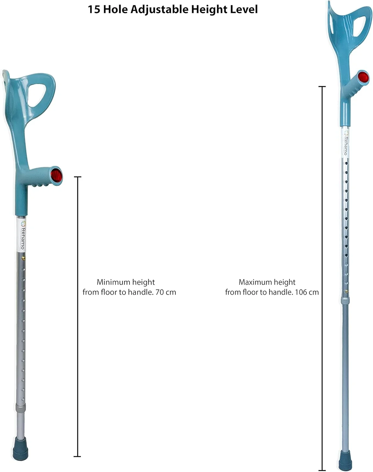 عصا زیر بغل سبک رِهامو برای سالمندان، معلولین، افراد مسن و بزرگسالان | عصای معلولیتی آلیاژ آلومینیوم قابل تنظیم | راحت ترین عصای حرکتی با تنظیم ارتفاع - 1 جفت