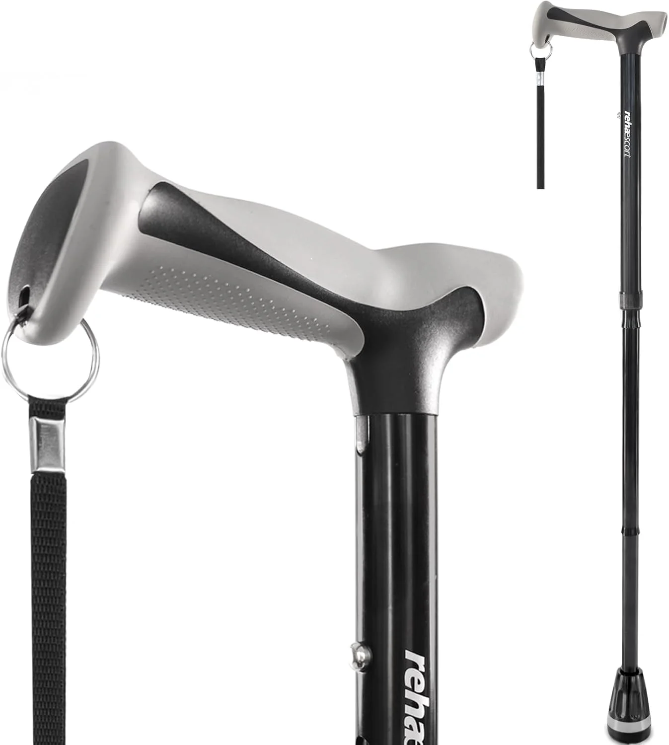 عصای پیاده روی RehaEscort، تاشو، قابل تنظیم، سبک وزن، عصا برای مردان و زنان، دسته ارگونومیک نرم، نوک سنگین برای تمام سطوح، عصا برای سالمندان و بزرگسالان به همراه کیف مسافرتی