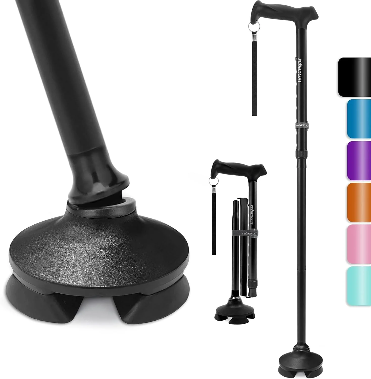عصای پیاده روی Rehaescort برای آقایان و بانوان - تاشو، قابل تنظیم، سبک وزن، عصای پیاده روی برای حفظ تعادل سالمندان، ایستاده، نوک محوری، دسته نرم، عصای پیاده روی تاشو با کیف مسافرتی (مشکی)