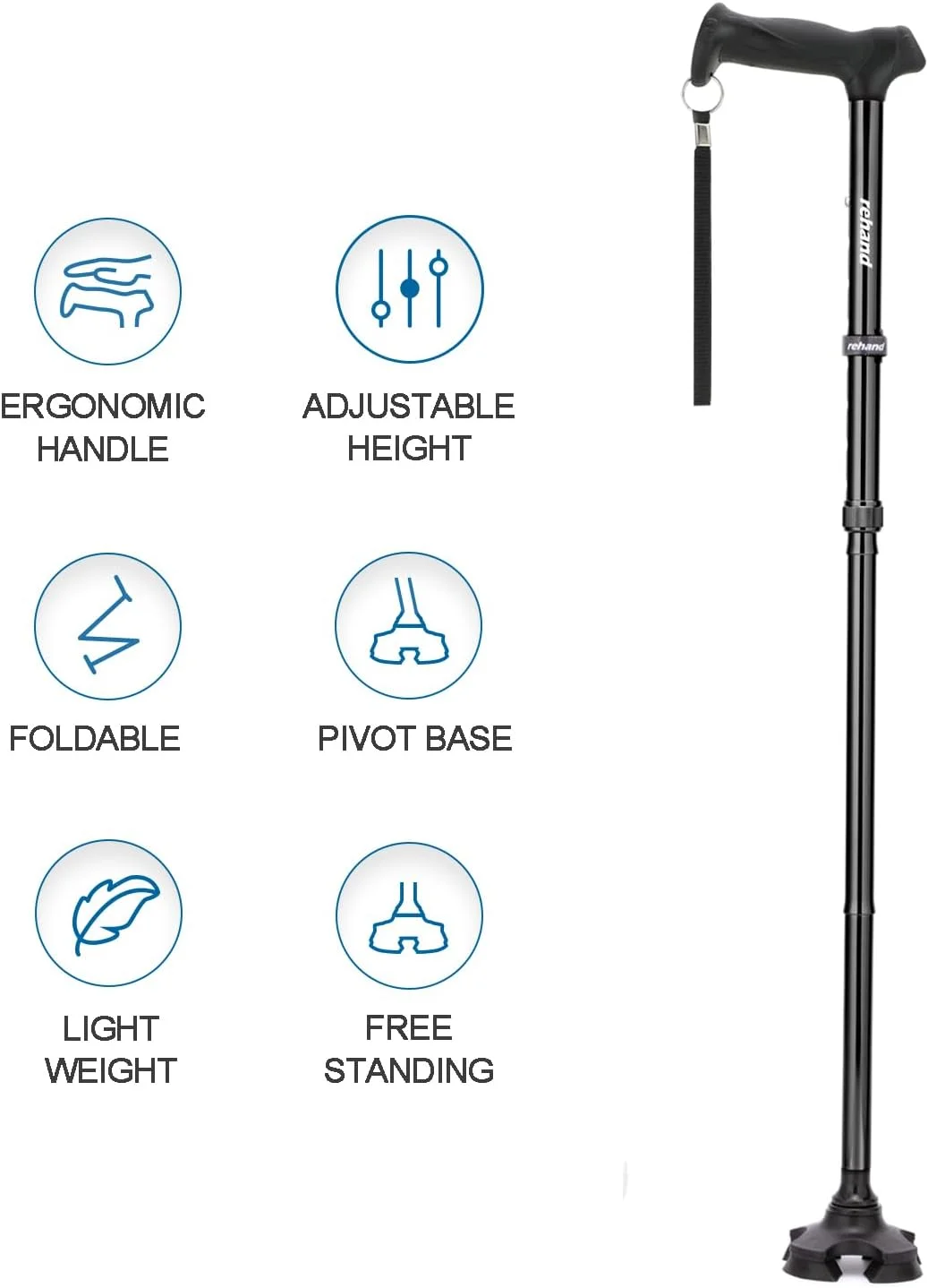 عصای پیاده روی REHAND برای آقایان و بانوان - تاشو، قابل تنظیم، سبک وزن، عصای پیاده روی محوری خودایستا، دسته نرم، با کیف مسافرتی، عصا برای سالمندان و بزرگسالان