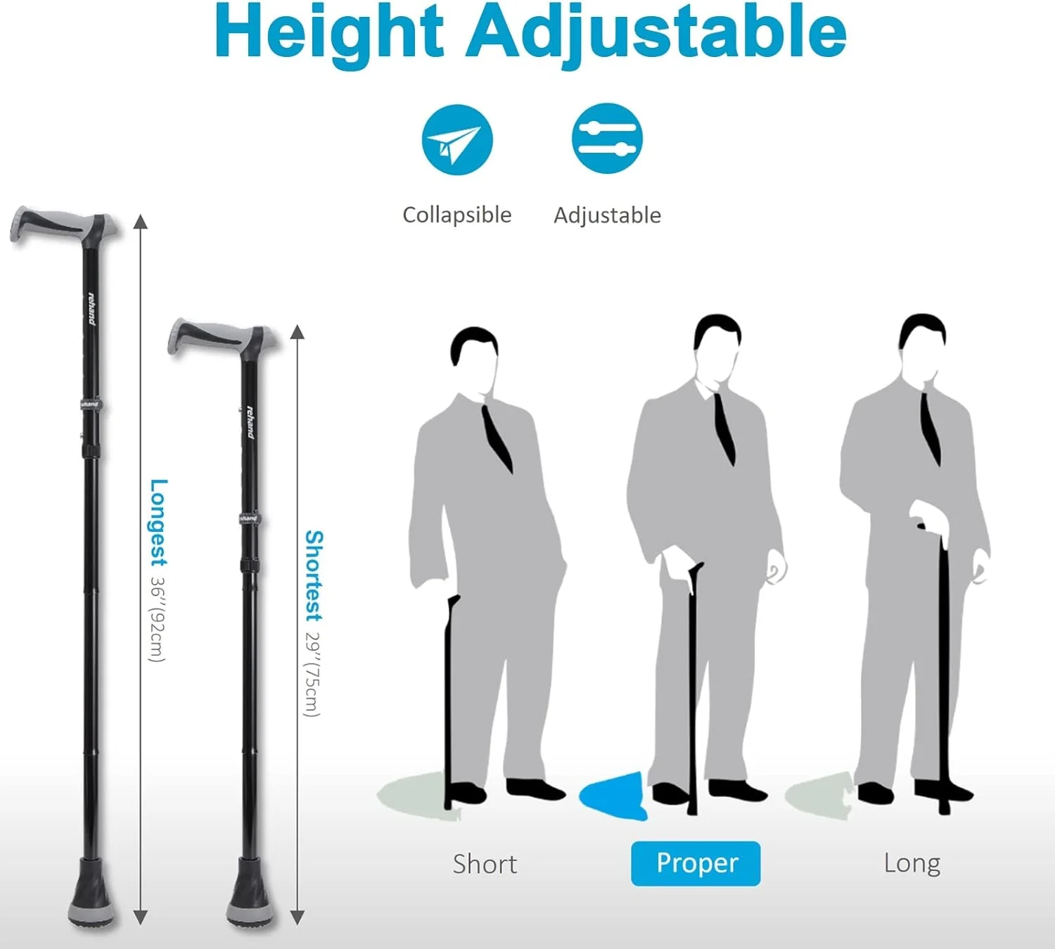 عصاهای پیاده روی Rehand - عصاهای پیاده روی تاشو، قابل تنظیم و جمع شدنی برای سالمندان و بزرگسالان، نوک محوری، به همراه کیف مسافرتی | عصا برای مردان و زنان