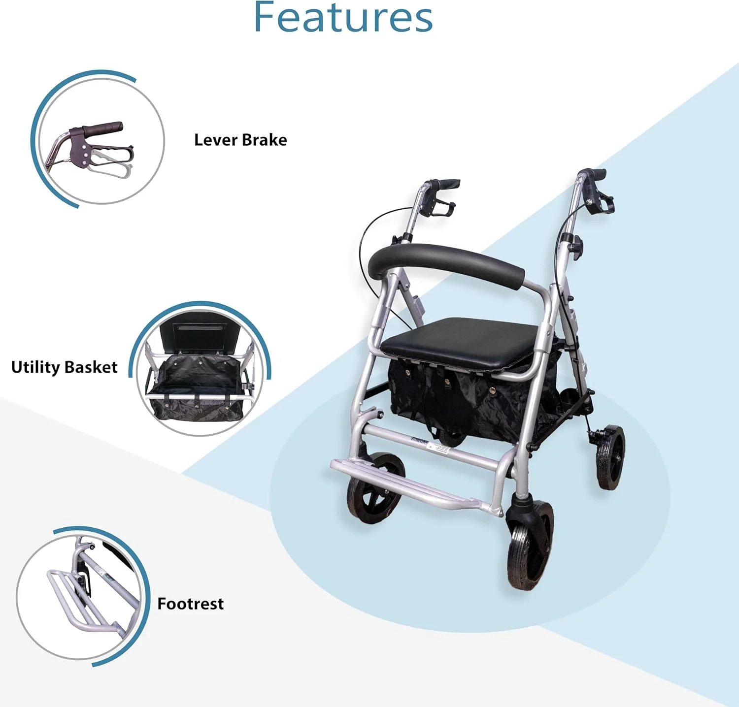 واکر رولیتور آلومینیومی Rehamo با صندلی | 4 چرخ بزرگ | واکر بزرگسالان با چرخ | تاشو، با قابلیت تنظیم ارتفاع، ظرفیت وزنی 110 کیلوگرم، سیستم ترمز 2 چرخ