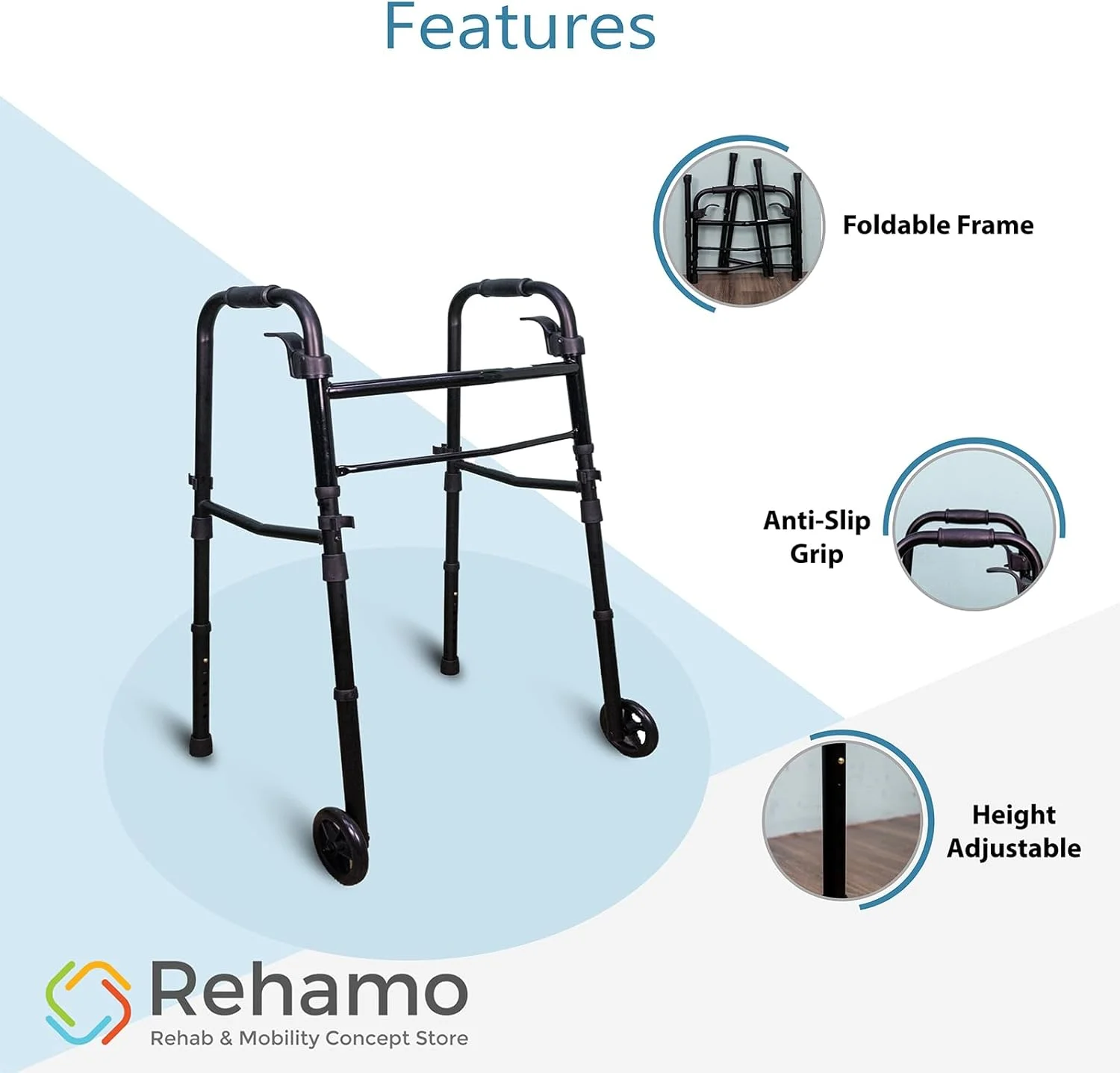 واکر تاشو سبک وزن با قابلیت تنظیم ارتفاع Rehamo برای سالمندان، بزرگسالان و بیماران | آلومینیومی با چرخ | مناسب استفاده در فضای باز و داخل خانه | مسافرتی - مشکی واکر تاشو سبک وزن با قابلیت تنظیم ارتفاع Rehamo برای سالمندان، بزرگسالان و بیماران | آلومینیومی با چرخ | مناسب استفاده در فضای باز و داخل خانه | مسافرتی - مشکی