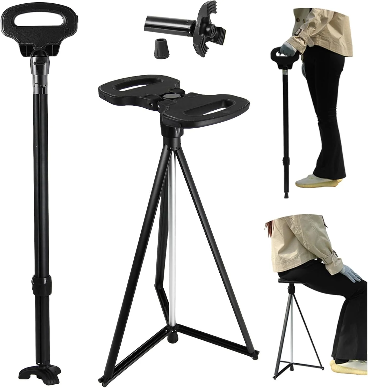 صندلی عصایی تاشو قابل حمل پلوگینگ، عصای پیاده روی سبک وزن با صندلی، عصای سه پایه محکم برای مردان و زنان با کیف مسافرتی، عصای پیاده روی با صندلی برای سالمندان و بزرگسالان