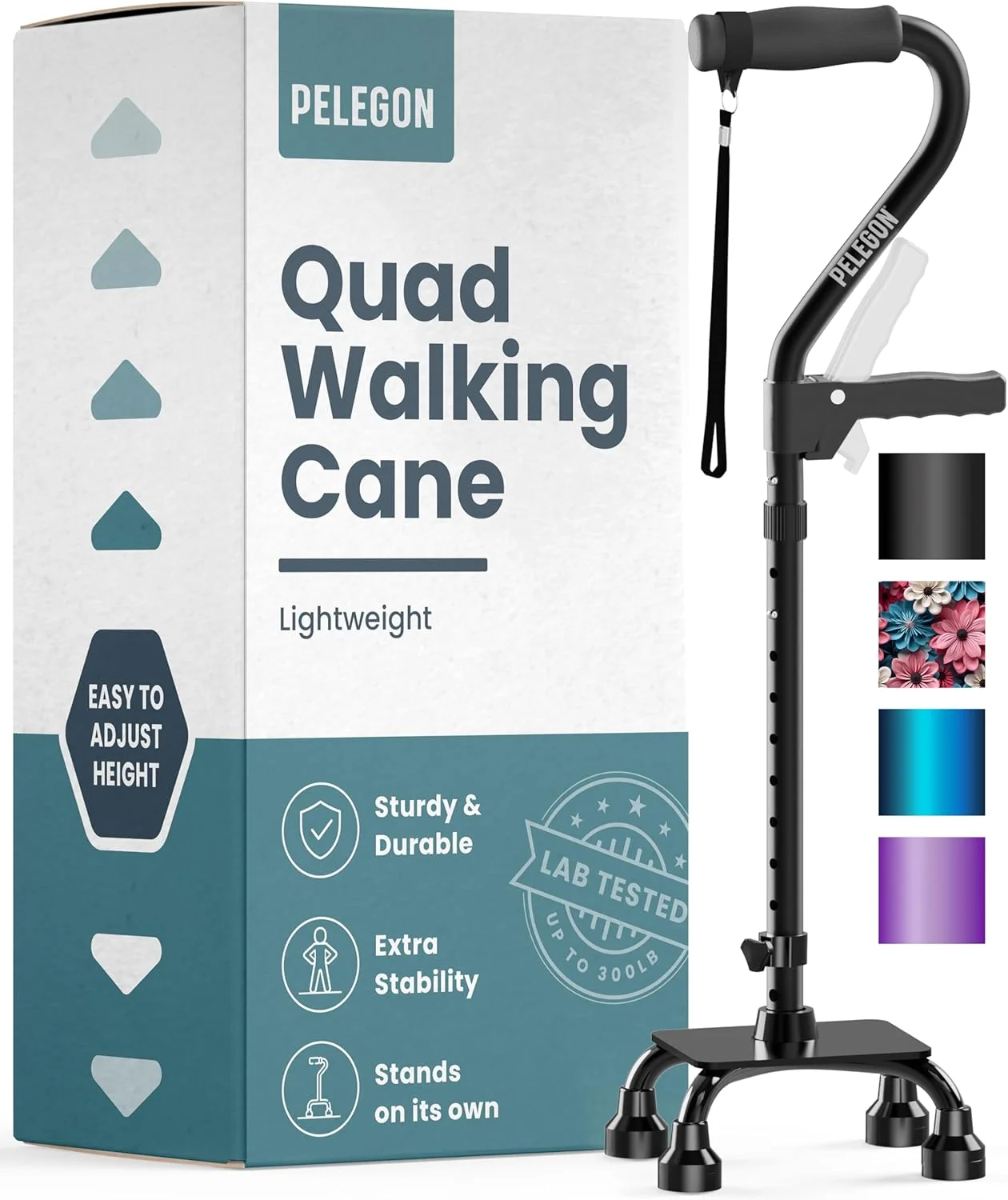عصای چهار پایه PELEGON (136 کیلوگرم) - عصای پیاده روی قابل تنظیم با پایه بزرگ 4 شاخه برای تعادل و ثبات بیشتر، عصای پیاده روی برای سالمندان، عصای پیاده روی برای مردان و زنان، عصای پیاده روی (مشکی)
